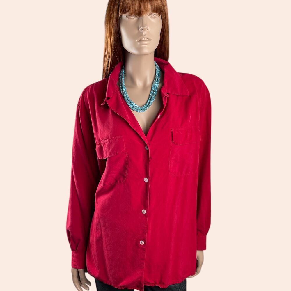 Vintage Red 100% Silk Blouse Size Large Silkland Collar Button Down Pocket